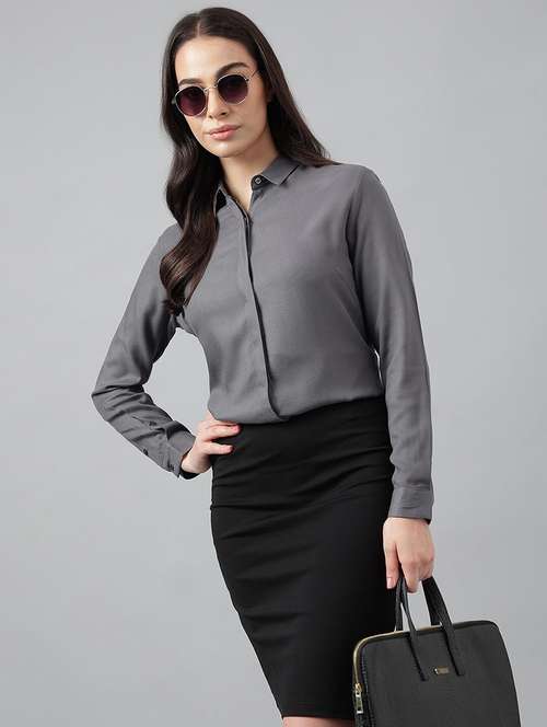 women solid collared long sleeve shirt - 22038574 -  Standard Image - 0
