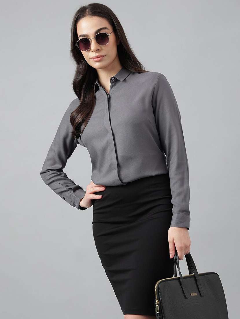 women solid collared long sleeve shirt