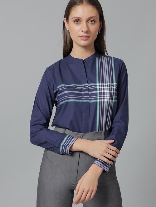 women striped mandarin collared long sleeve shirt - 22038592 -  Standard Image - 0