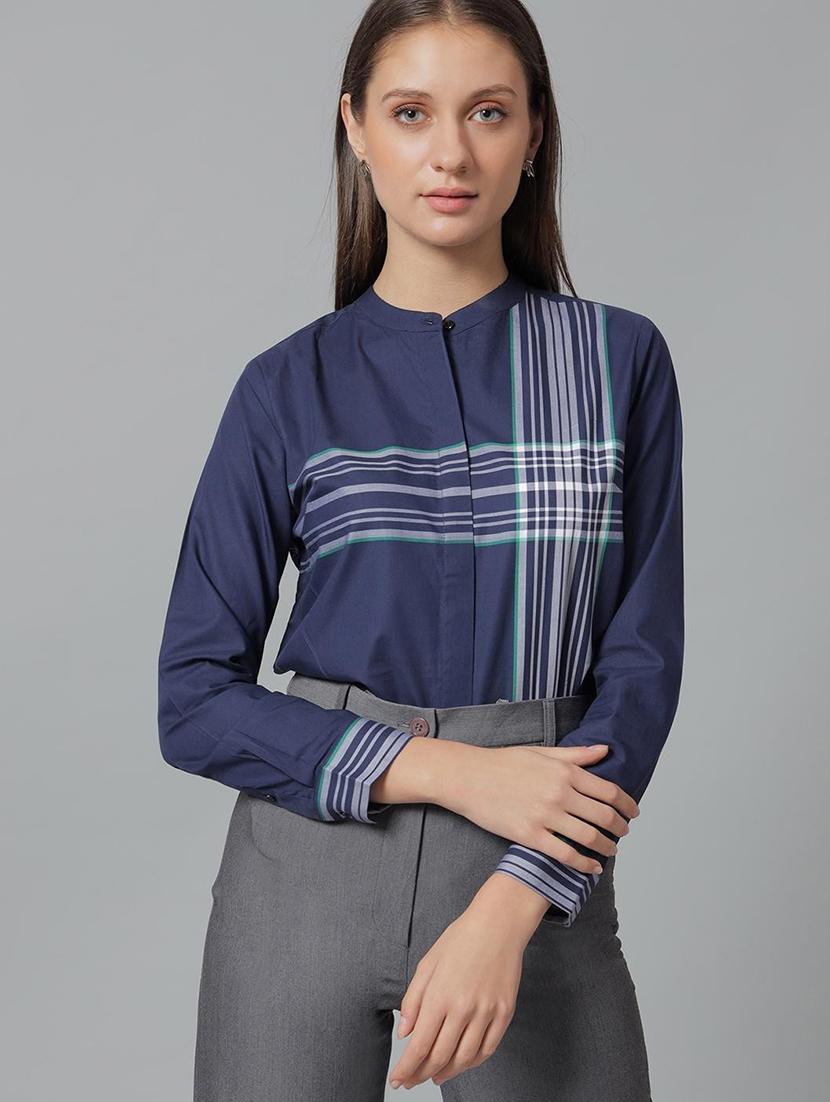 women striped mandarin collared long sleeve shirt - 22038592 -  Zoom Image - 0