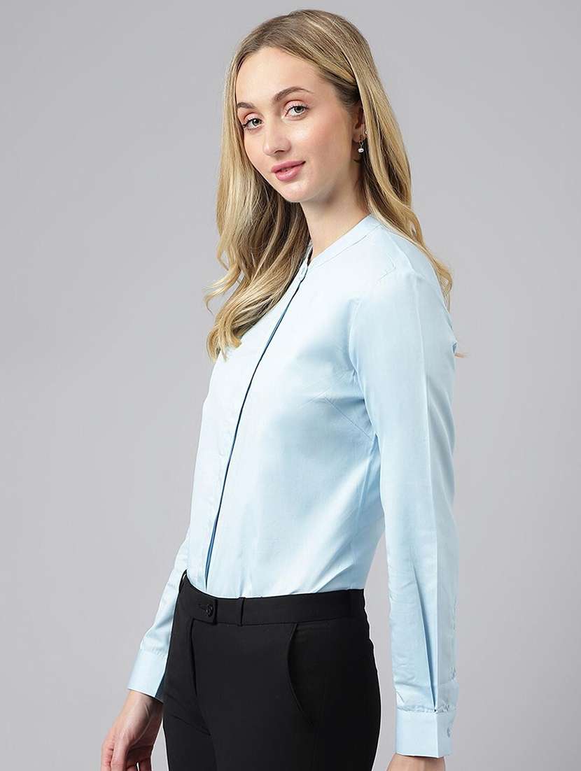 women solid mandarin collared long sleeve shirt - 22038595 -  Standard Image - 2