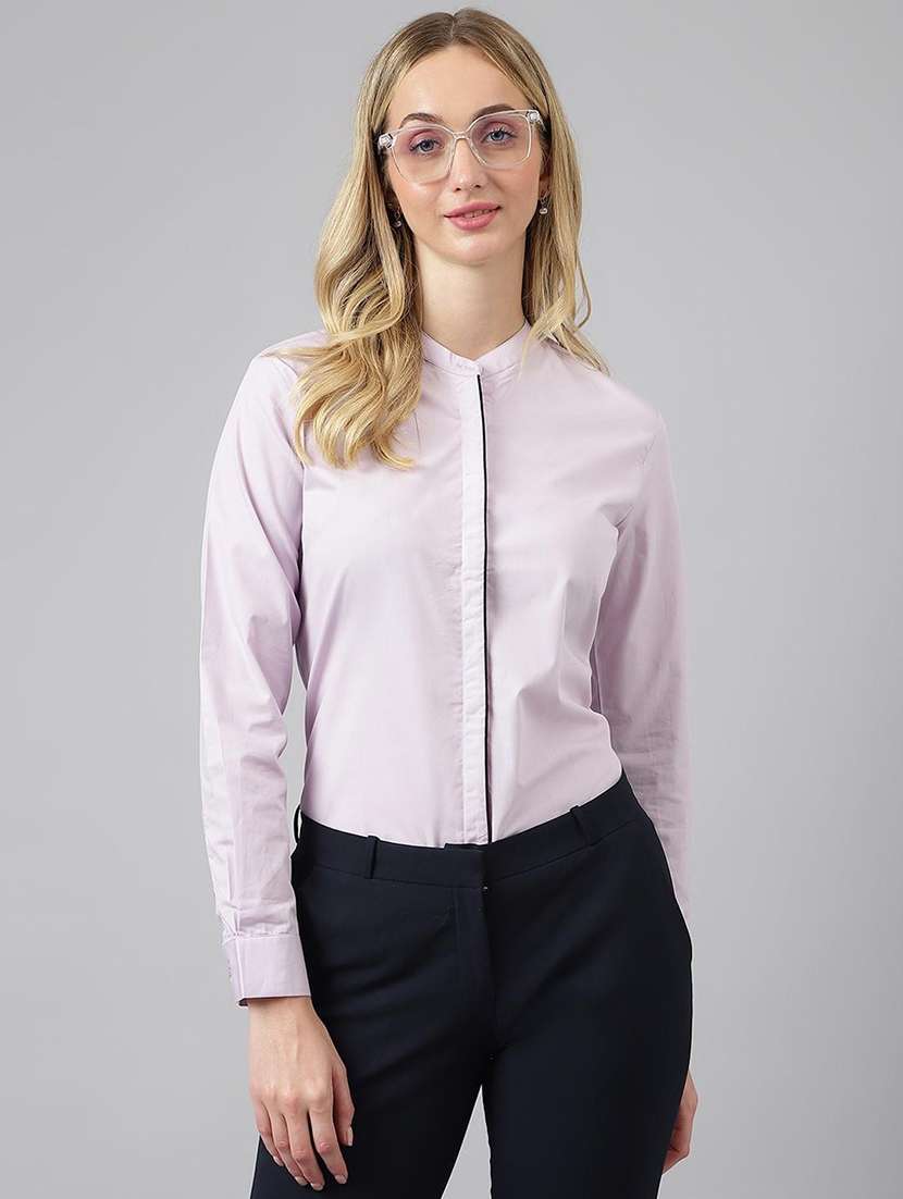 women solid mandarin collared long sleeve shirt