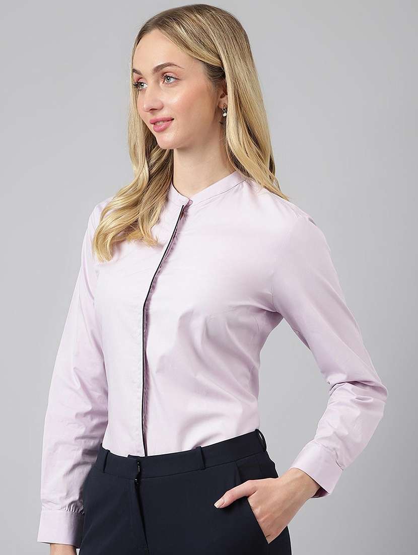 women solid mandarin collared long sleeve shirt - 22038597 -  Standard Image - 2