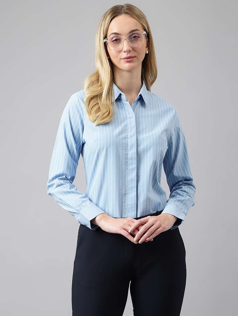 women solid collared long sleeve shirt