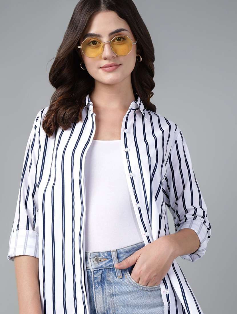 women striped collared long sleeves regular shirt