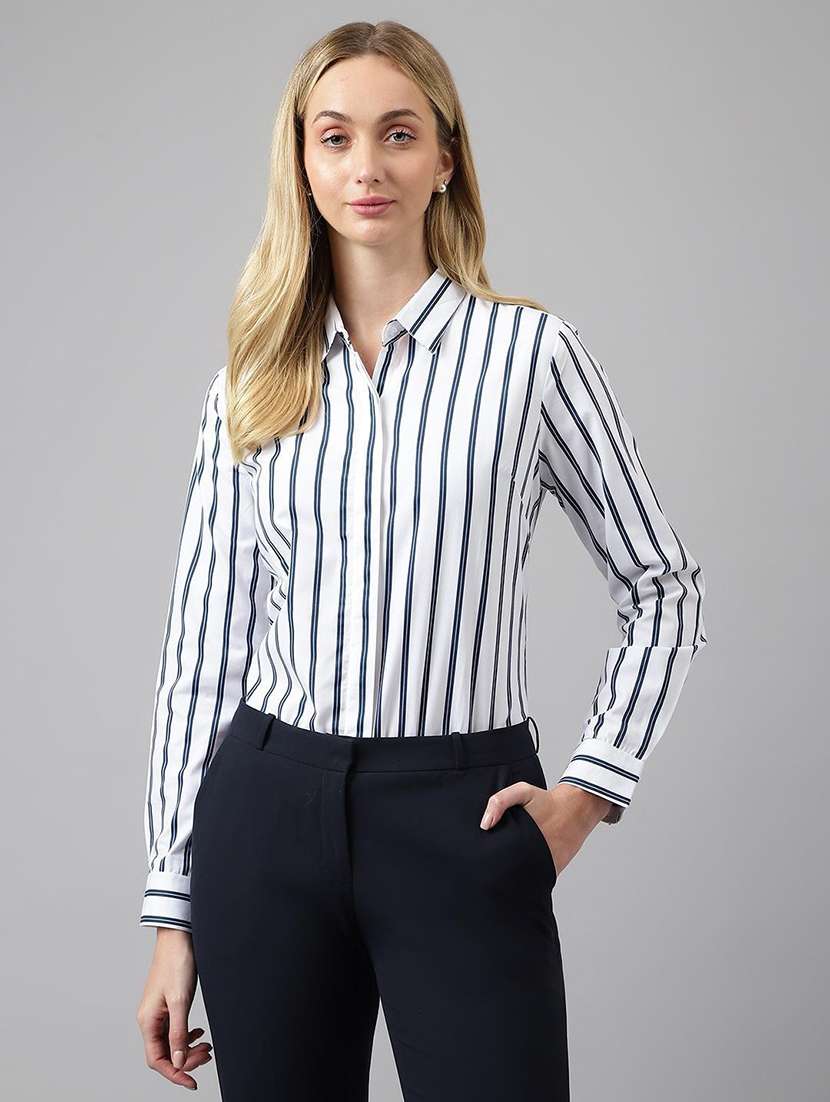 women striped collared long sleeves regular shirt
