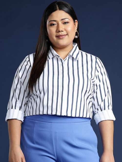 women striped collared long sleeves regular shirt - 22038605 -  Standard Image - 0