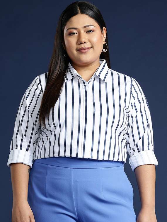 women striped collared long sleeves regular shirt