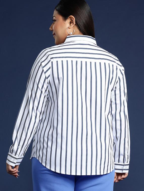 women striped collared long sleeves regular shirt - 22038605 - Standard Image - 2