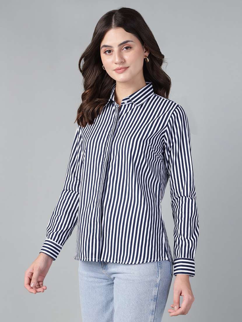 women striped collared long sleeve shirt