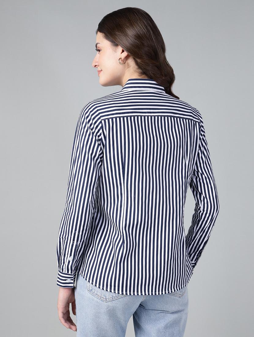 women striped collared long sleeve shirt - 22038606 - Standard Image - 2