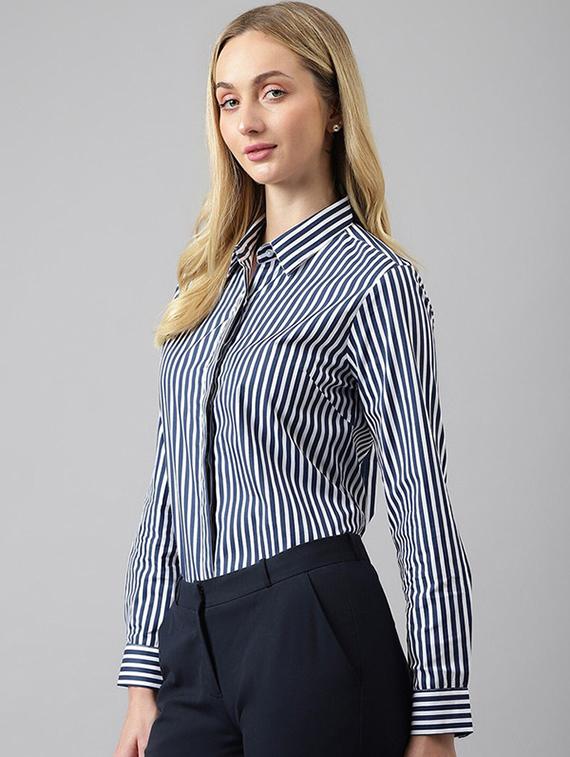 women striped collared long sleeves regular shirt - 22038607 - Zoom Image - 0