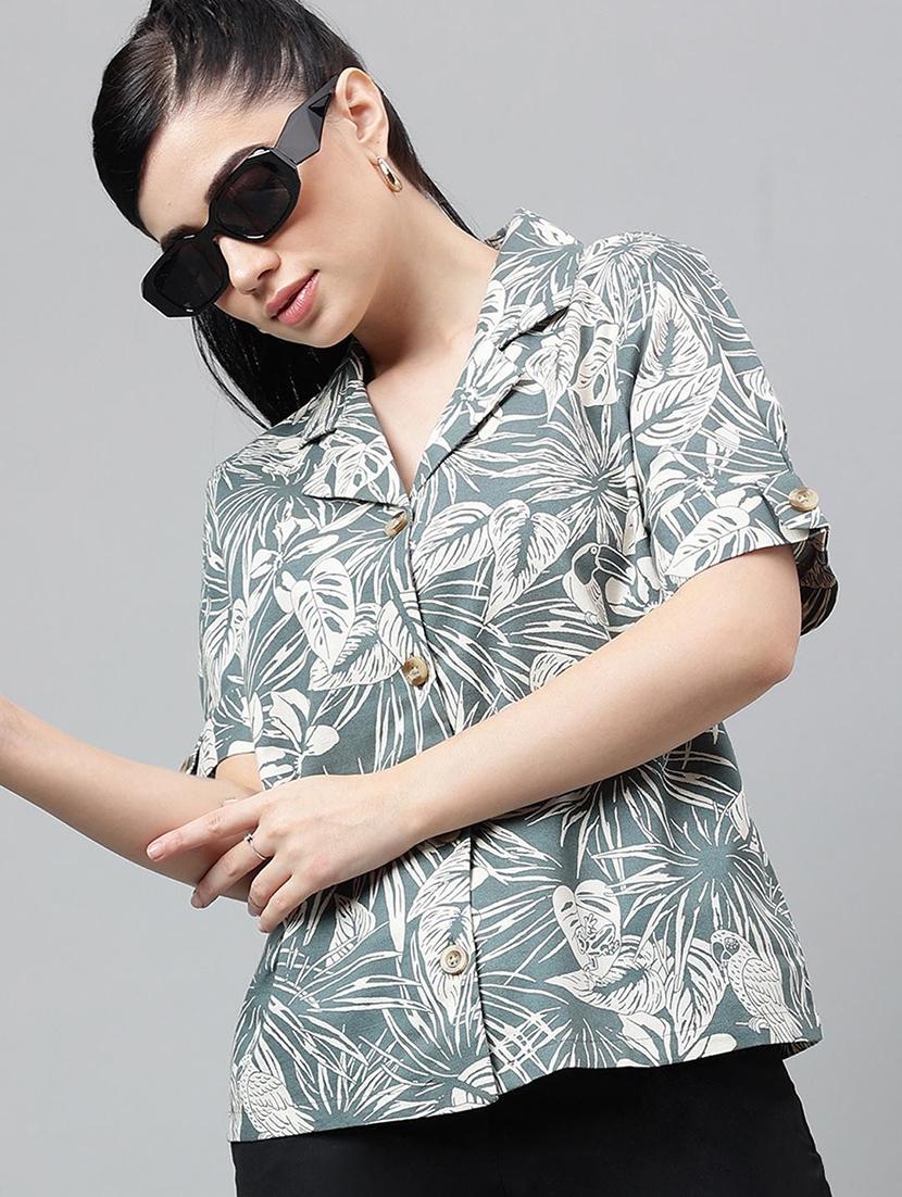 women printed lapel collar short sleeve shirt - 22038618 -  Zoom Image - 0