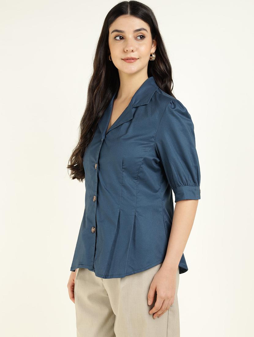women solid lapel collar regular fit shirt - 22038622 - Standard Image - 2
