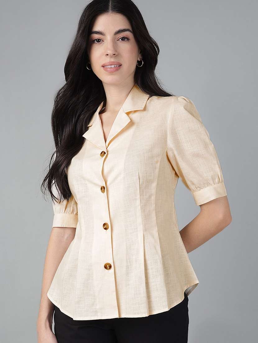 women solid lapel collar short sleeve shirt - 22038623 - Zoom Image - 0