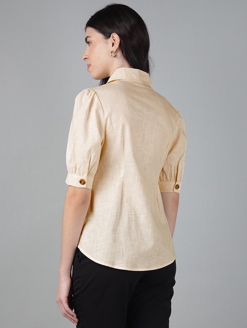 women solid lapel collar short sleeve shirt - 22038623 - Standard Image - 2