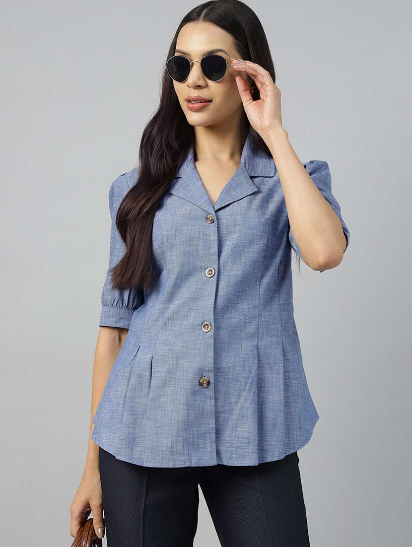 women solid lapel collar regular fit shirt