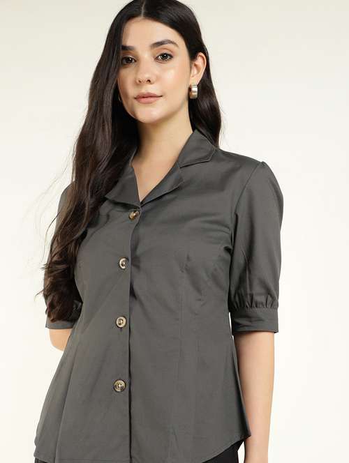 women solid lapel collar puff sleeve shirt - 22038625 - Standard Image - 0