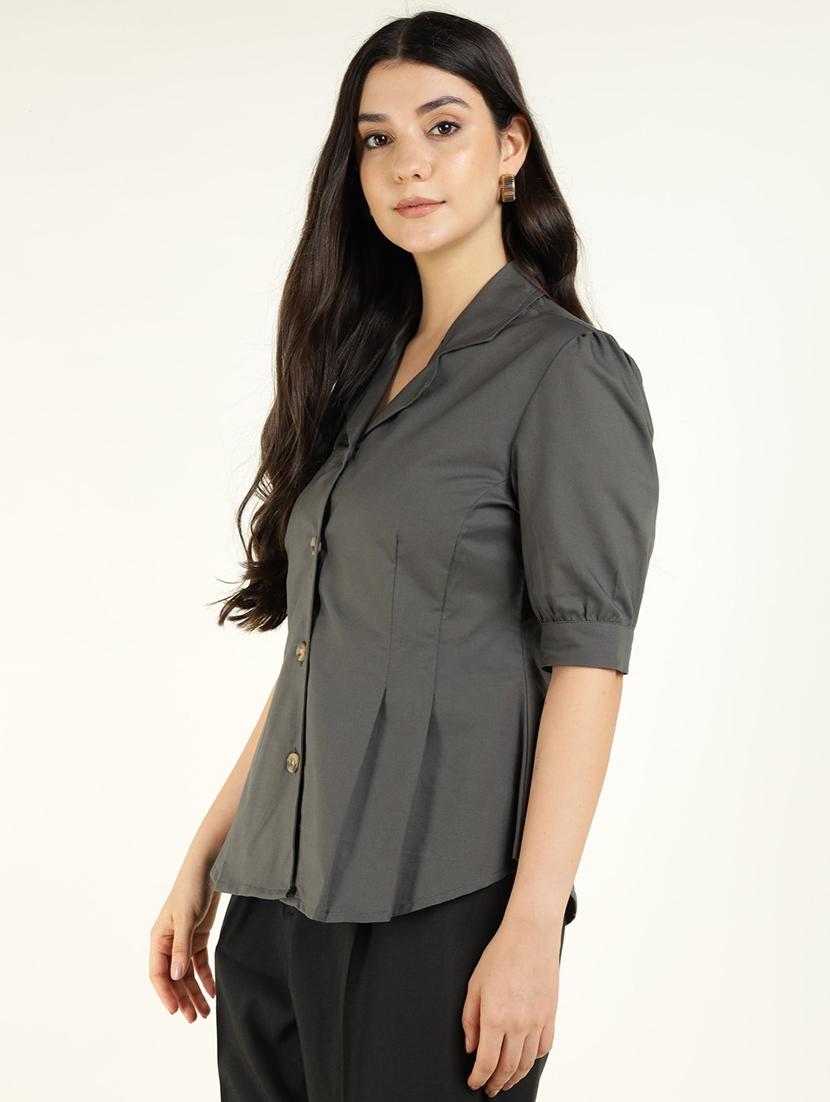 women solid lapel collar puff sleeve shirt - 22038625 - Standard Image - 2