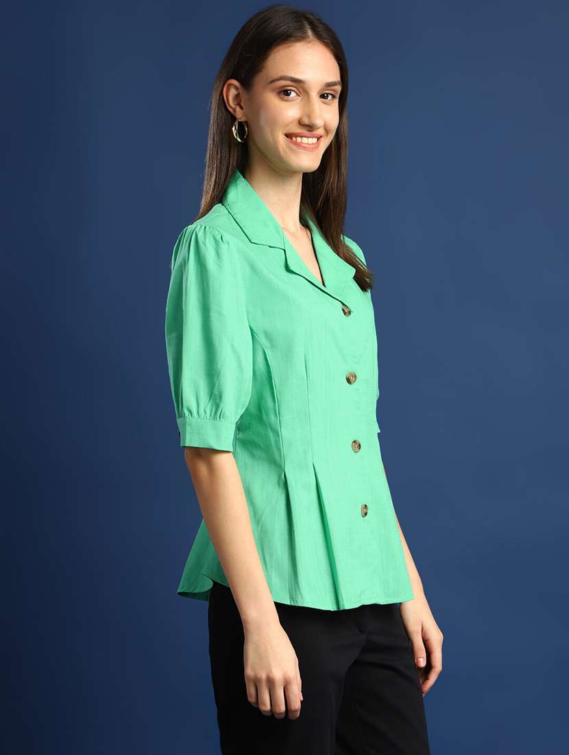 women solid lapel collar puff sleeve shirt - 22038626 - Standard Image - 2