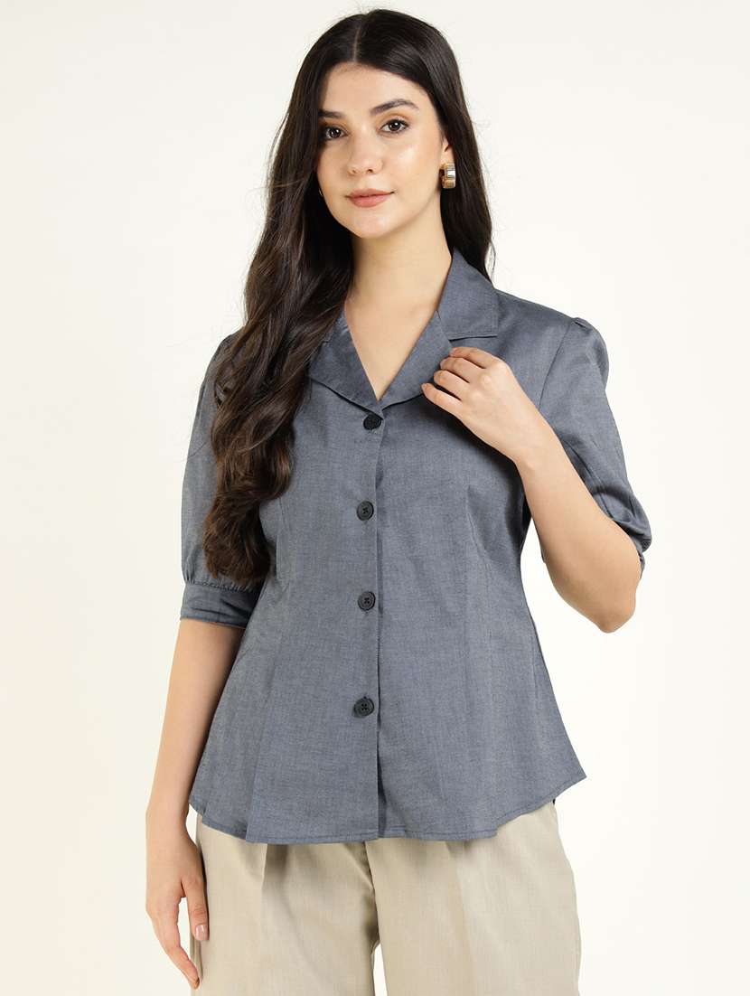 women solid lapel collar regular fit shirt