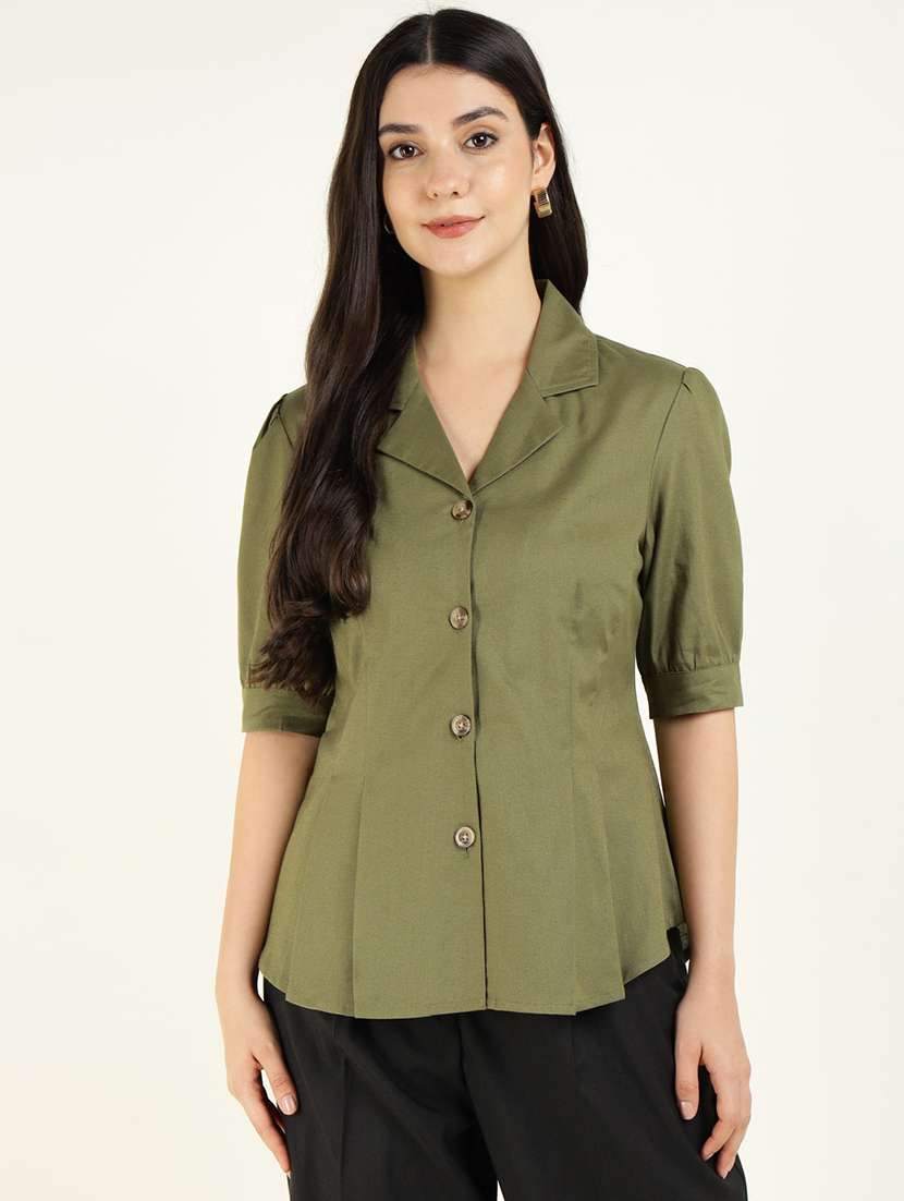 women solid lapel collar regular fit shirt