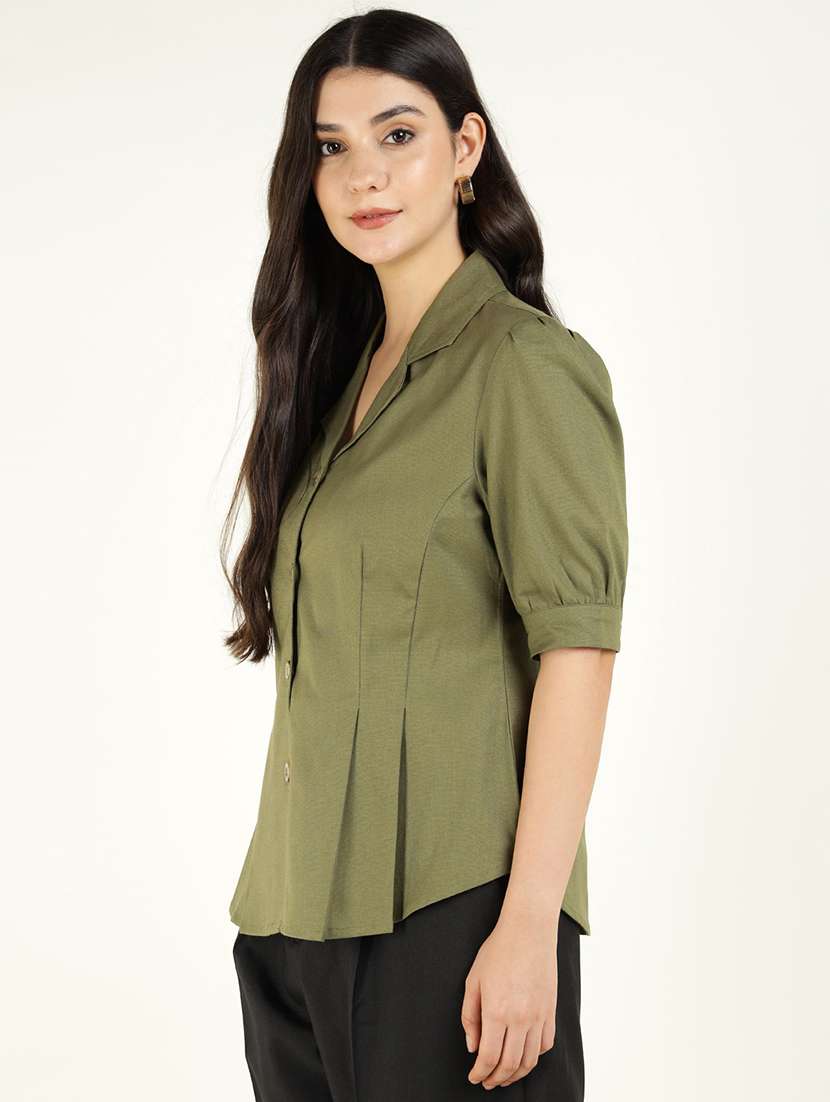 women solid lapel collar regular fit shirt - 22038629 - Standard Image - 2