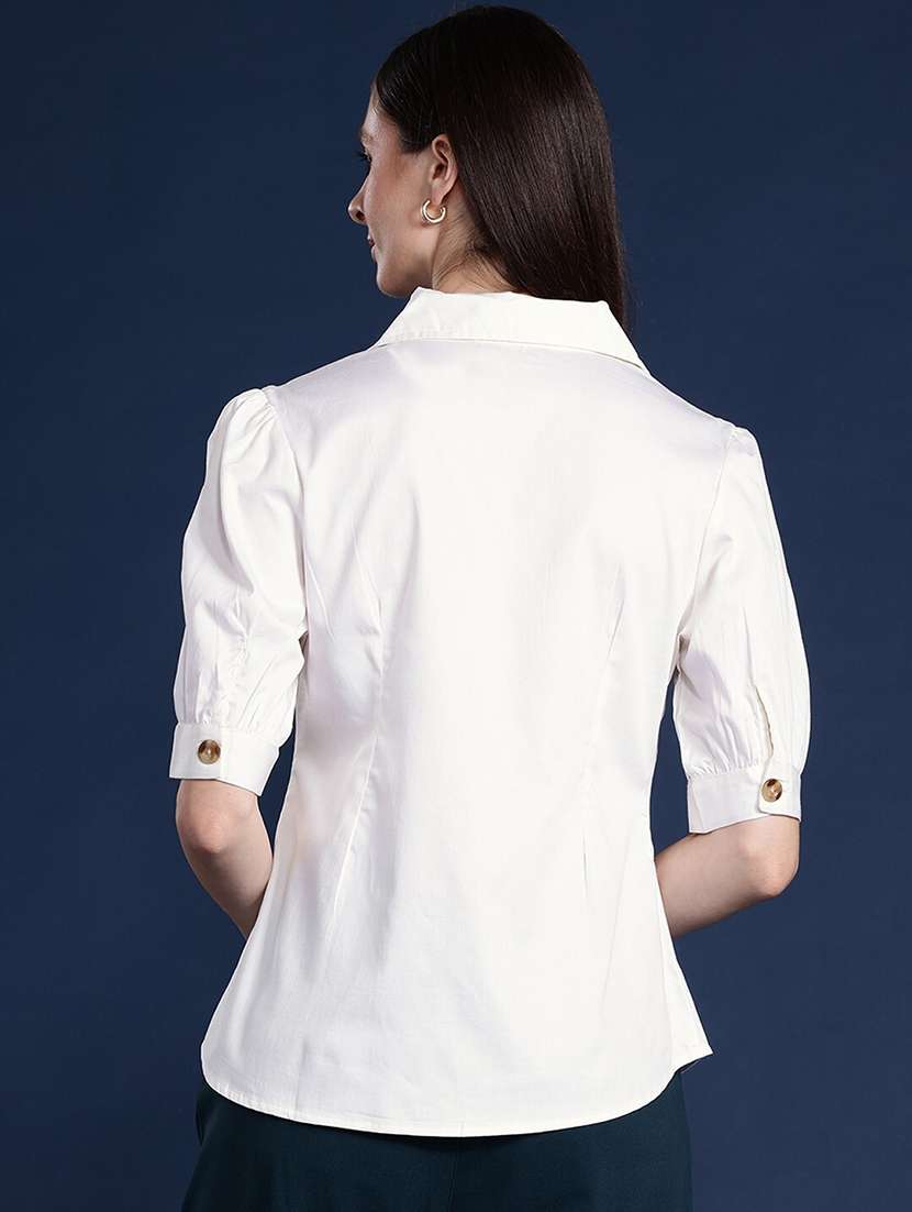 women solid lapel collar puff sleeve shirt - 22038631 -  Standard Image - 2