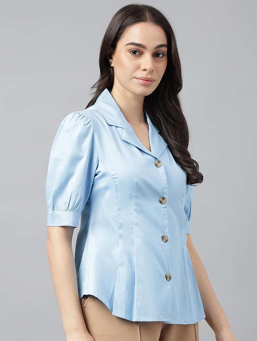 women solid lapel collar puff sleeve shirt - 22038633 -  Standard Image - 2