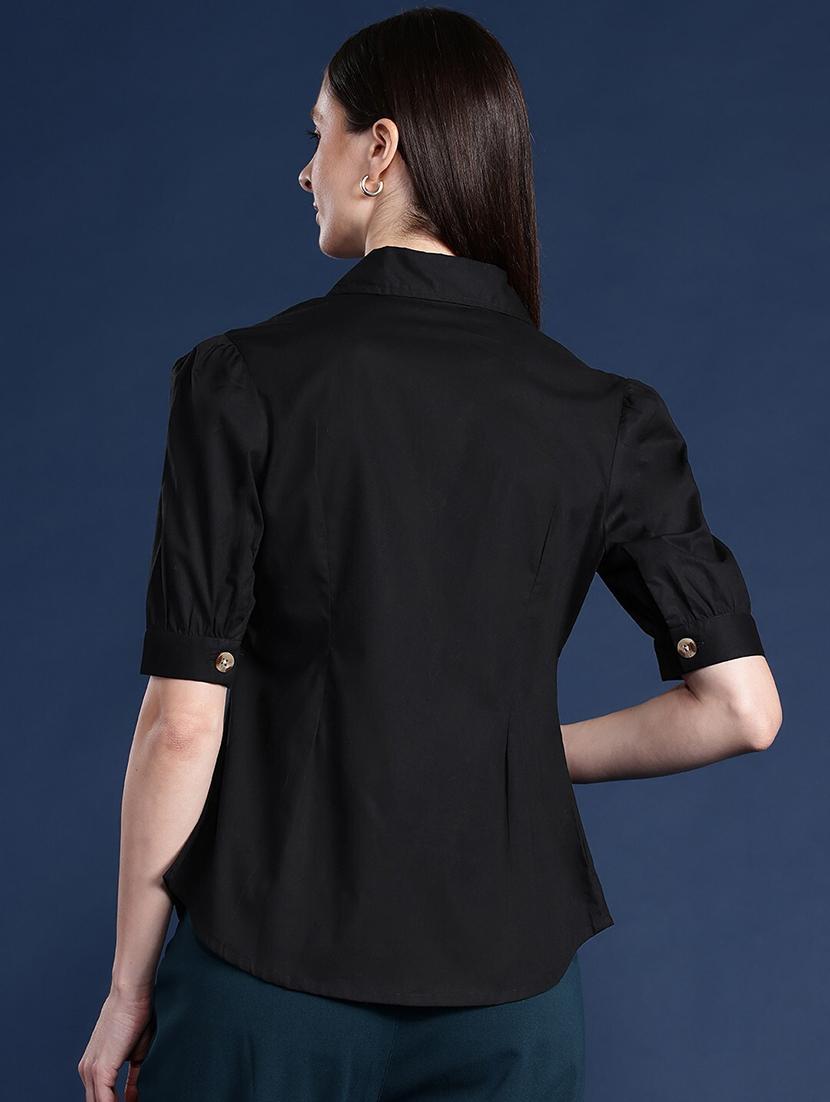 women solid lapel collar puff sleeve shirt - 22038634 - Standard Image - 2