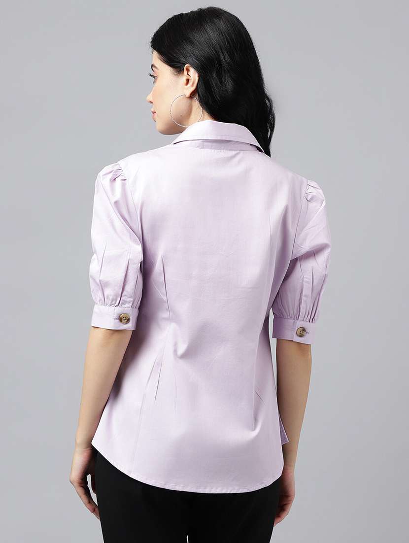 women solid lapel collar regular fit shirt - 22038637 - Standard Image - 2