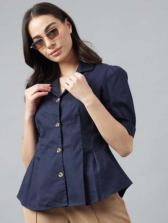 women solid lapel collar regular fit shirt - 22038638 - Zoom Image - 0