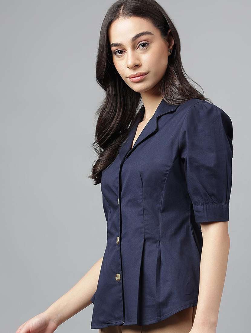 women solid lapel collar regular fit shirt - 22038638 - Standard Image - 2