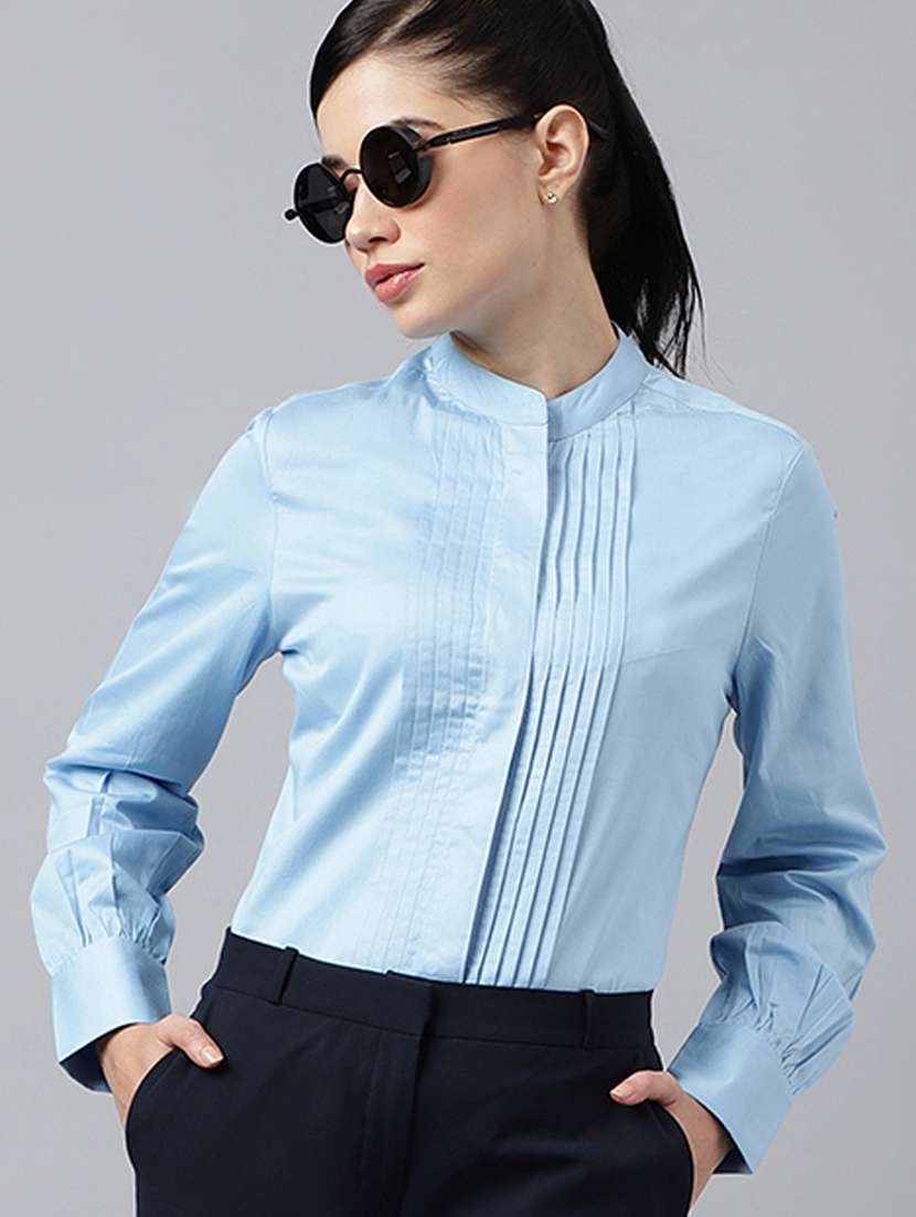 women solid mandarin collared long sleeve shirt - 22038645 -  Zoom Image - 0
