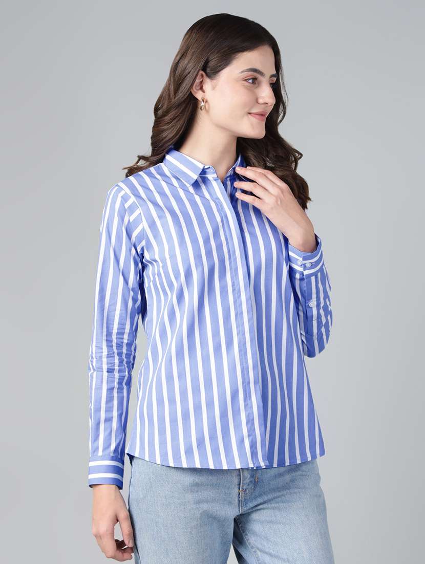 women striped collared long sleeve shirt