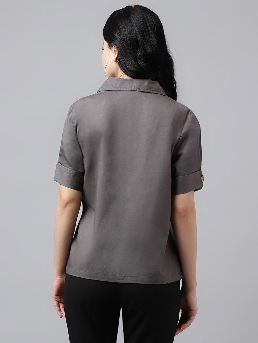 women solid lapel collar regular fit shirt - 22038657 - Standard Image - 2