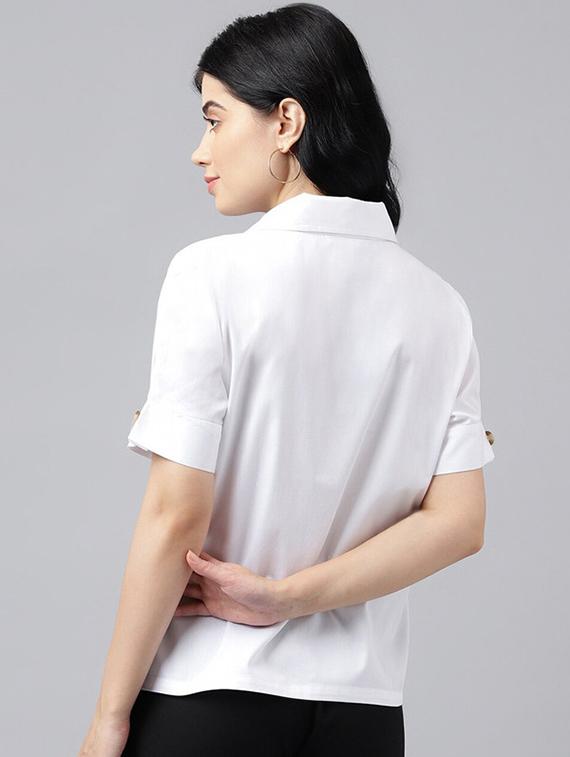 women solid lapel collar short sleeve shirt - 22038659 - Standard Image - 2
