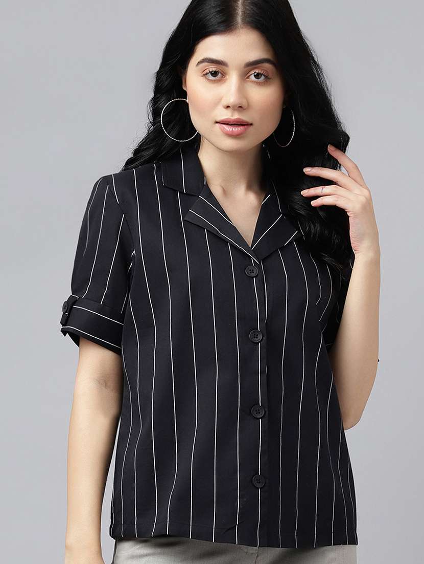 women striped lapel collar regular fit shirt