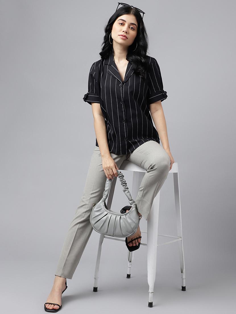 women striped lapel collar regular fit shirt - 22038660 - Standard Image - 2