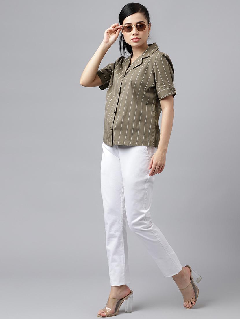 women striped lapel collar short sleeve shirt - 22038661 - Standard Image - 2
