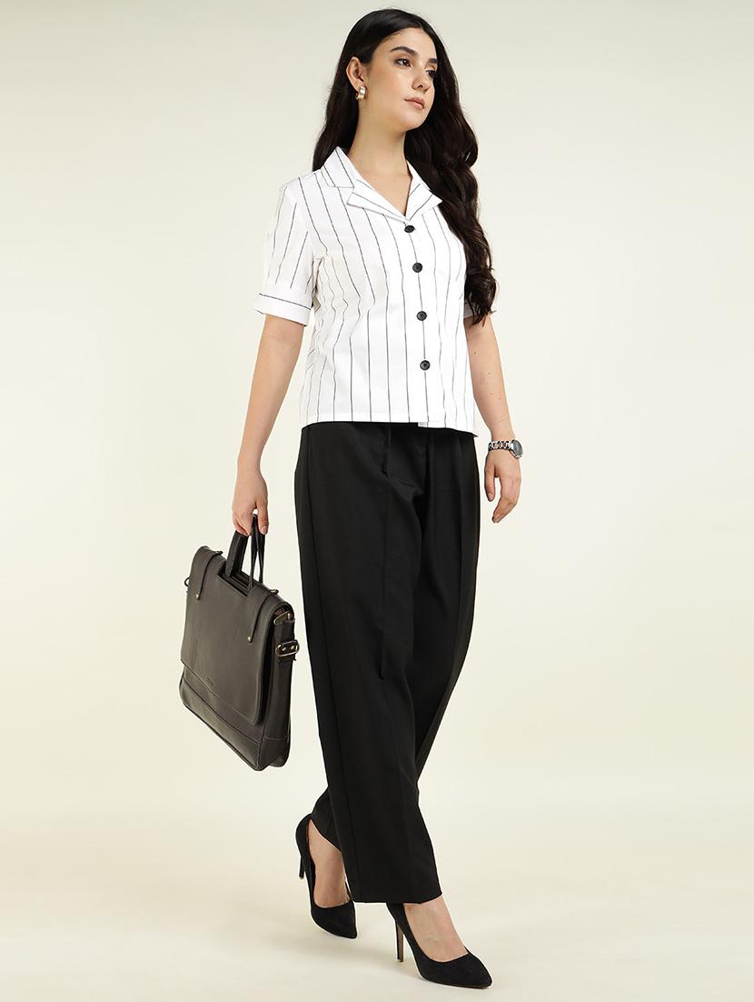 women striped lapel collar regular fit shirt - 22038662 - Standard Image - 2