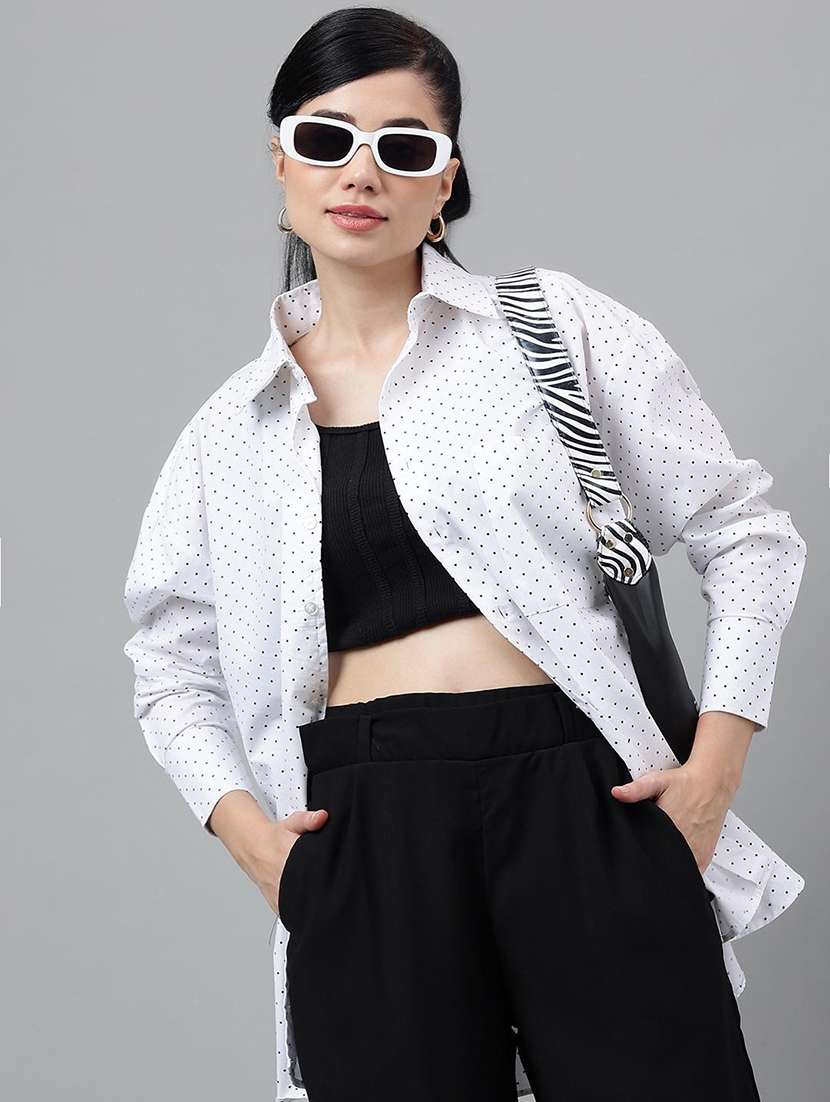 women polka doted collared long sleeves shirt
