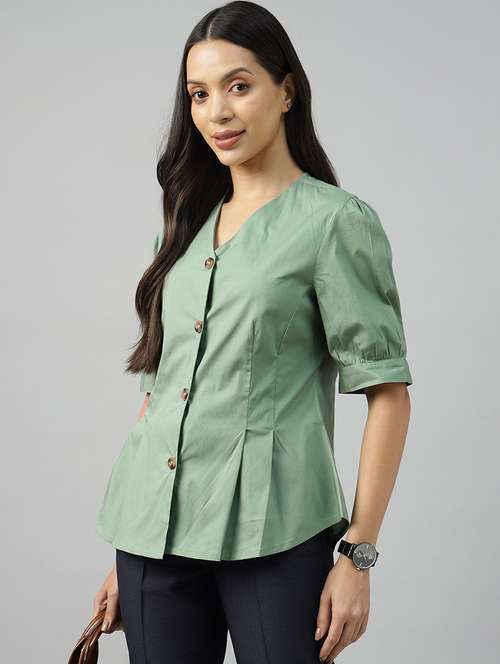 women solid puff sleeve regular fit shirt - 22038671 -  Standard Image - 0