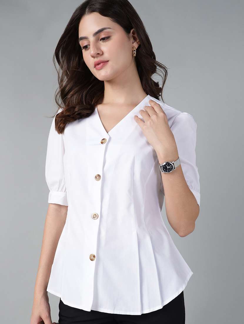 women solid puff sleeve regular fit shirt