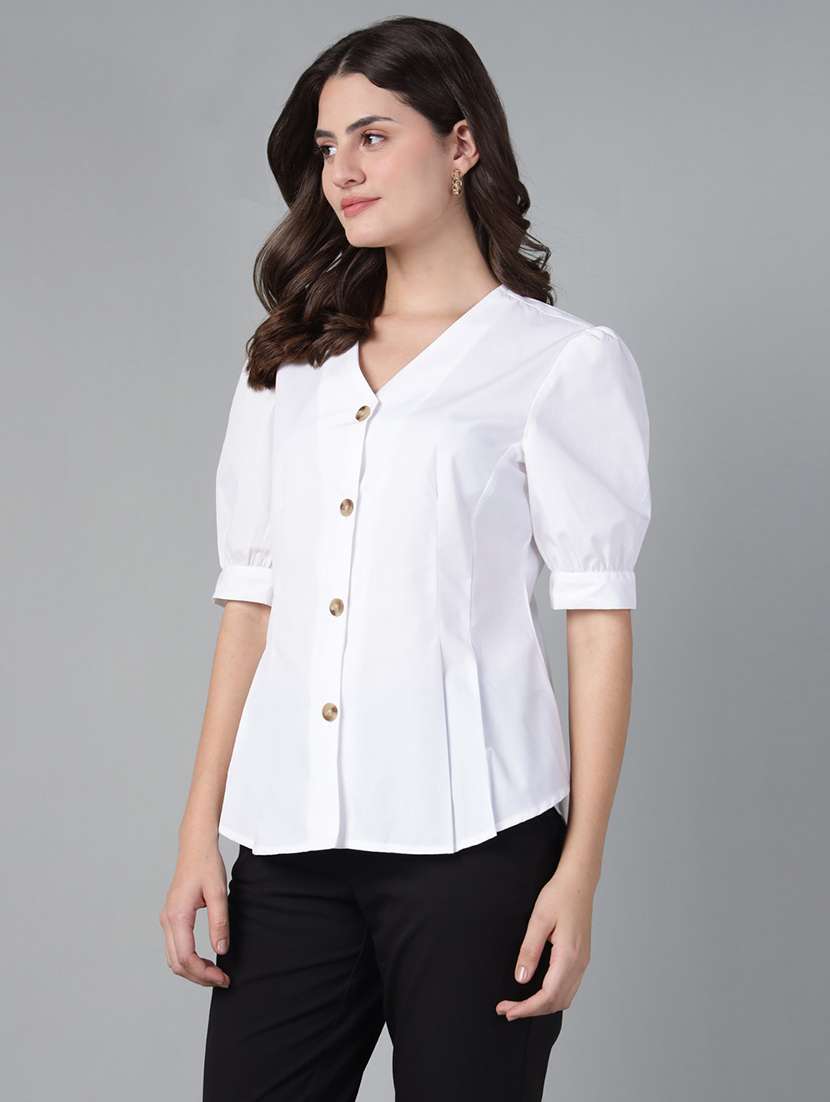 women solid puff sleeve regular fit shirt - 22038672 -  Standard Image - 2
