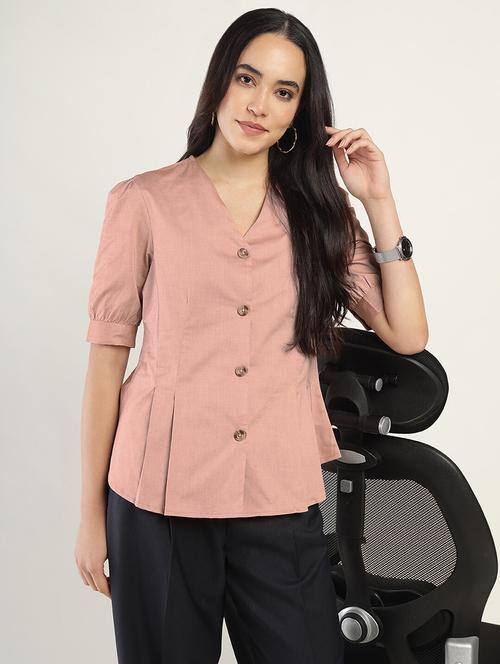 women solid v-neck puff sleeve shirt - 22038674 - Standard Image - 0