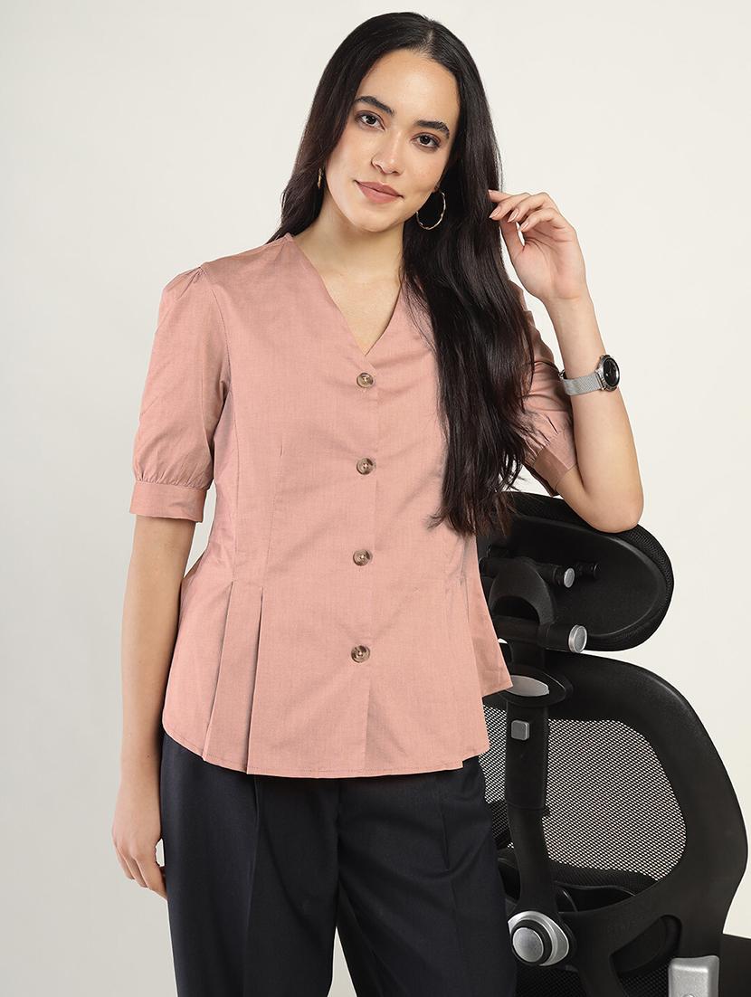 women solid v-neck puff sleeve shirt - 22038674 - Zoom Image - 0