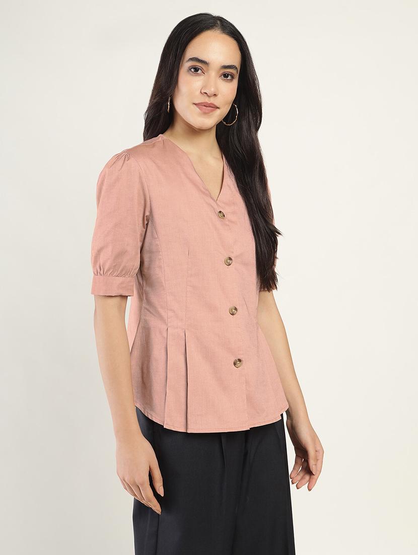 women solid v-neck puff sleeve shirt - 22038674 - Standard Image - 2