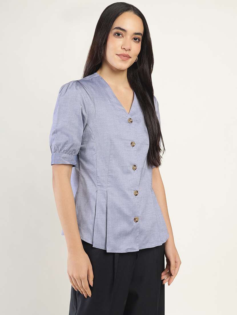 women solid puff sleeve regular fit shirt - 22038675 -  Standard Image - 2