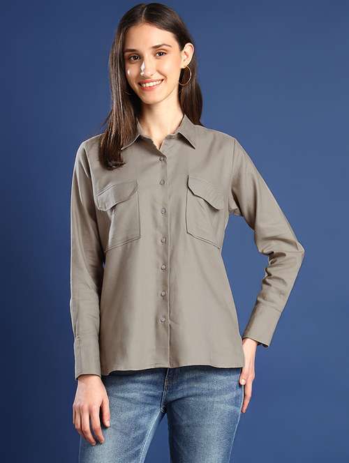 women solid collared long sleeve shirt - 22038747 - Standard Image - 0